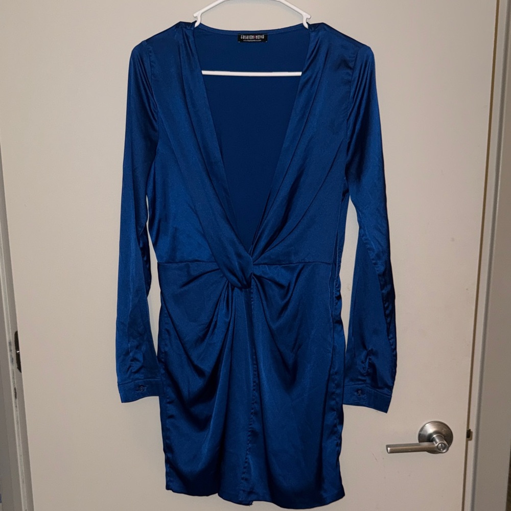 Royal Blue Long Sleeve Low Cut V Slit Dress